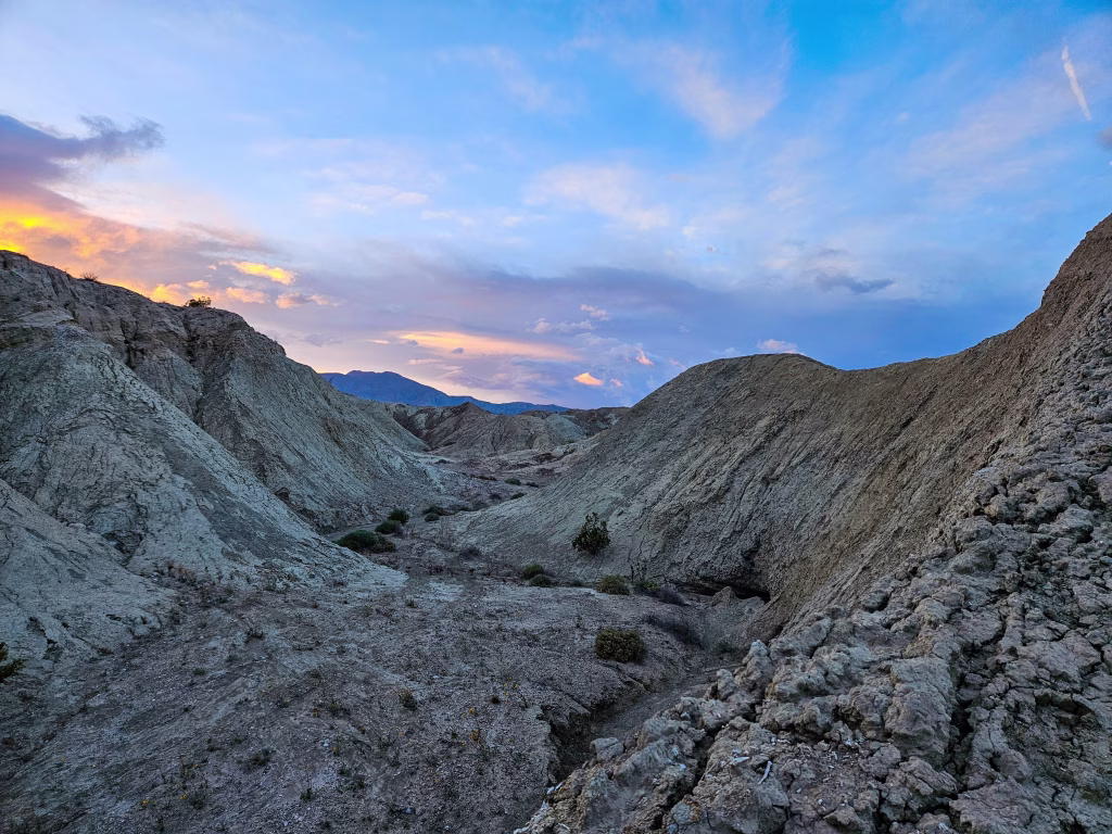 Sunset over desert wash in Anza-Borrego badlands near Wild Mud Cave